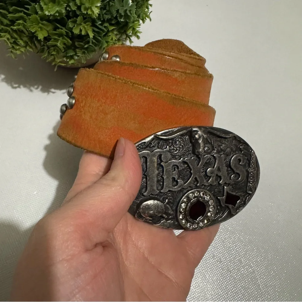Vintage Texas Belt Buckle Genuine Leather Orange Studded Western Belt Mens Small